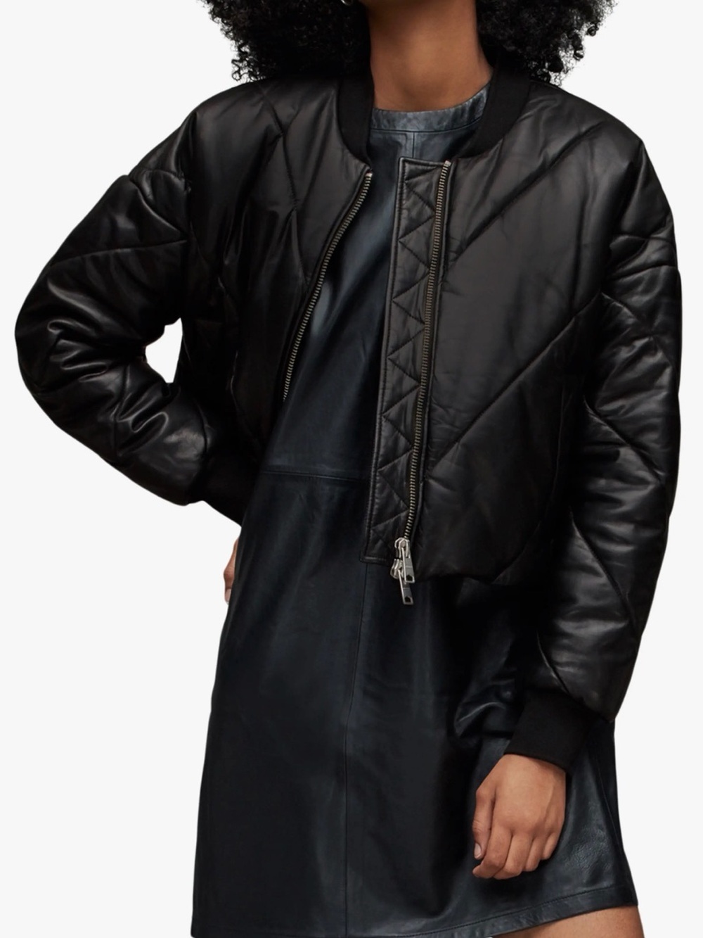 All Saints Bailey Lamb Leather Quilted Puffer Bomber Jacket Size 0 ALLSAINTS - Picture 5 of 5